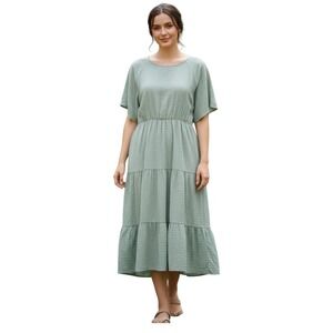 Bella Ella Boutique Sage Green Tiered Midi Dress Short Sleeve Boho Cottagecore L
